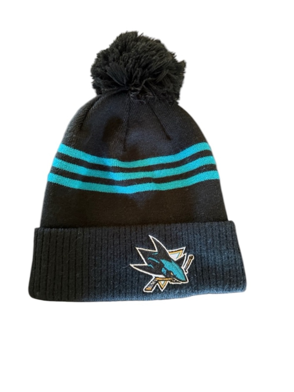 Adidas San Jose Sharks NHL Kids Beanie Hat Black Teal Striped Pom Cuffed Youth